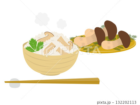 茶碗に盛られた松茸ご飯と籠に盛られた松茸のイラスト 132202113