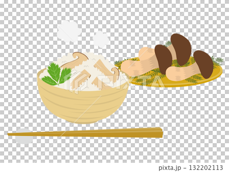 碗裝松茸米飯和籃子裝松茸的插圖 132202113