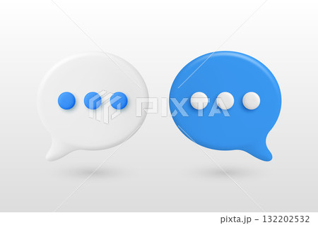 Vector 3d White and Blue Chat Bubbles. Speech Balloons with Dots. Modern Messenger Icon, Communication Symbol, Chat App UI Element, Social Media Message Design Template Vector 3d White and Blue Chat Bubbles. Speech Balloons with Dots. Modern Messenger Icon, Communication Symbol, Chat App UI Element, Social Media Message Design Template 132202532