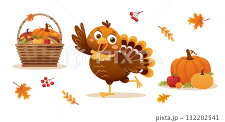 turkey celebrating autumn with pumpkins and a basket of harvest, festive seasonal elements and joyful atmosphere turkey celebrating autumn with pumpkins and a basket of harvest, festive seasonal elements and joyful atmosphere 132202541