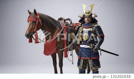 甲冑を着た武将　日本のサムライ　馬を連れている 132202838