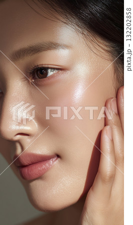 美容液を塗って肌に潤いがある女性の顔のアップ 132202858