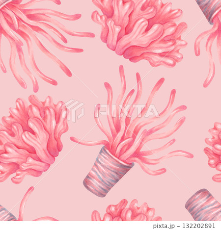 Peachy sea anemones with tentacles and bushy corals. Seamless pattern with marine animals. Watercolor illustration. Hand drawn isolated art. Background for nature, fabric, and textile themes 132202891