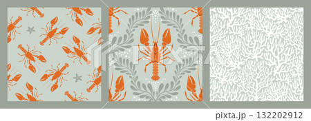 Lobster Seamless Pattern Set with Seaweed and coral on Green Background. Whimsical Vintage coastal print with retro seafood illustration and ocean life. Perfect for marine designs, seaside decor 132202912