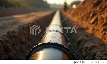 Large pipeline installation in a trench during daylight 132203137