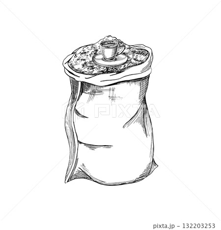 A bag full of roasted coffee beans and a cup of coffee. Realistic vector illustration for coffee shop interiors, menu design, packaging, kitchen accessories, and textiles. A bag full of roasted coffee beans and a cup of coffee. Realistic vector illustration for coffee shop interiors, menu design, packaging, kitchen accessories, and textiles. 132203253