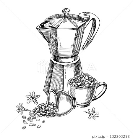 A geyser coffee maker with two cups of coffee beans and flowers. Realistic vector illustration for coffee shop interiors, menu design, packaging, kitchen accessories, and textiles. A geyser coffee maker with two cups of coffee beans and flowers. Realistic vector illustration for coffee shop interiors, menu design, packaging, kitchen accessories, and textiles. 132203258