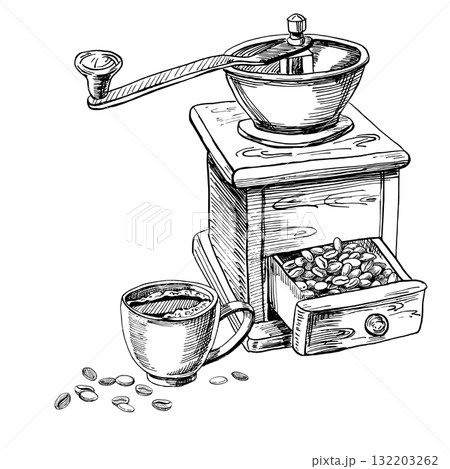Retro coffee grinder with a coffee cup and coffee beans. Realistic vector illustration for coffee shop interiors, menu design, packaging, kitchen accessories, and textiles. Retro coffee grinder with a coffee cup and coffee beans. Realistic vector illustration for coffee shop interiors, menu design, packaging, kitchen accessories, and textiles. 132203262