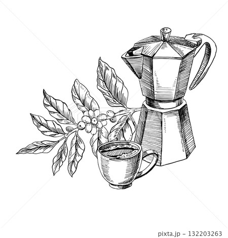 A geyser coffee maker with a cup of coffee and a coffee tree branch. Realistic vector illustration for coffee shop interiors, menu design, packaging, kitchen accessories, and textiles. A geyser coffee maker with a cup of coffee and a coffee tree branch. Realistic vector illustration for coffee shop interiors, menu design, packaging, kitchen accessories, and textiles. 132203263