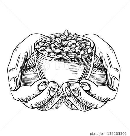 A cup of coffee beans in a hand. A realistic coffee-themed vector illustration for coffee shop interiors, menu design, packaging printing, kitchen accessories, and textiles. 132203303