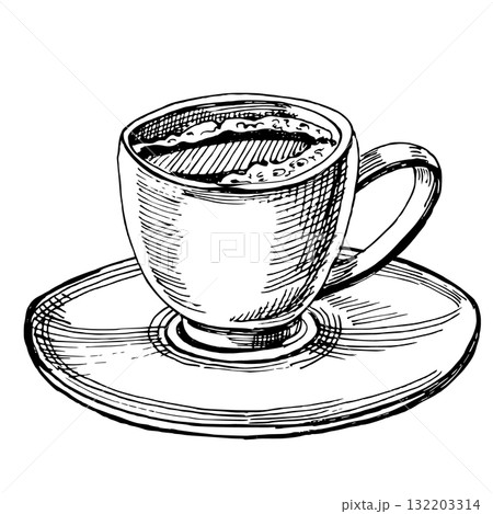 A coffee cup and saucer. A realistic coffee-themed vector illustration for coffee shop interiors, menu design, packaging, kitchen accessories, and textiles. 132203314
