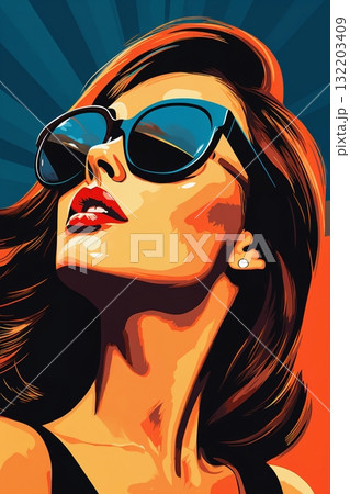 Portrait of a beautiful fashionable woman with a hairstyle and sunglasses, orange and blue color background. Illustration, poster in style of the 1960s Portrait of a beautiful fashionable woman with a hairstyle and sunglasses, orange and blue color background. Illustration, poster in style of the 1960s 132203409