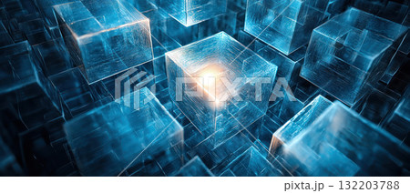 abstract composition featuring translucent cubes gradient blue, illuminated by central glow, evokes sense of depth and abstract composition featuring translucent cubes gradient blue, illuminated by central glow, evokes sense of depth and 132203788