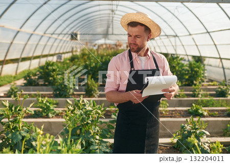 Reading the data. Man in greenhouse is working with plants 132204011