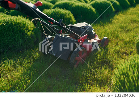 Lawn mower on the green field 132204036