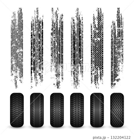 Grunge tire tracks, rubber wheels, and braking marks. Truck, car, or motorcycle tread pattern silhouettes. Perfect for auto racing, motorsport, and speed-related designs. Vector illustration 132204122