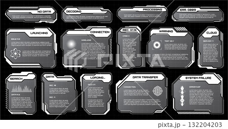 White futuristic HUD, UI elements. Sci-fi user interface text boxes, callouts. Warning message frames, information boxes template. Modern game interface layout in digital style. Vector illustration 132204203