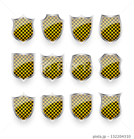 Glossy shields with yellow and black pattern. Security and protection concept. Cyber safety icons, internet privacy, web defense, digital data protection and antivirus themes. Vector illustration 132204310