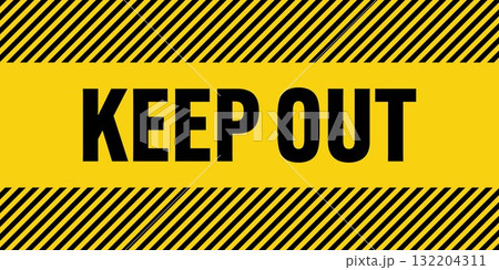 Warning sign with yellow and black diagonal lines. Attention, danger or caution symbol. Construction site signage, road safety notice, hazard banner, security alert shield. Vector illustration 132204311