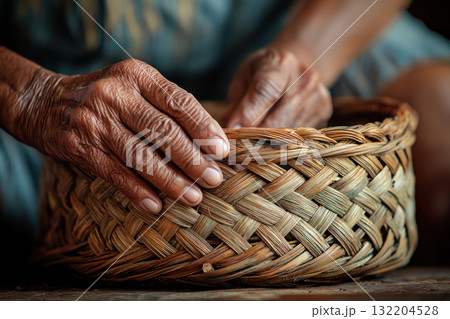 Hands weaving basket from natural materials, showcasing sustainable crafts and traditional skills 132204528