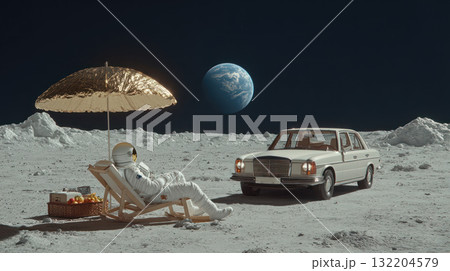 Lone astronaut in white spacesuit relaxes on lounge chair under reflective gold umbrella on moon with Earth visible in dark sky 132204579