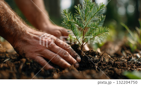 Close up of hands planting young tree in rich soil, symbolizing environmental care and sustainability with blurred natural background Close up of hands planting young tree in rich soil, symbolizing environmental care and sustainability with blurred natural background 132204750