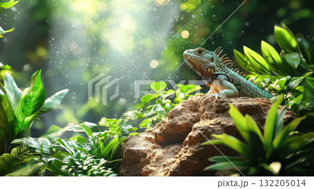 Iguana on rock in lush greenery with exotic plants and sunlight Iguana on rock in lush greenery with exotic plants and sunlight 132205014