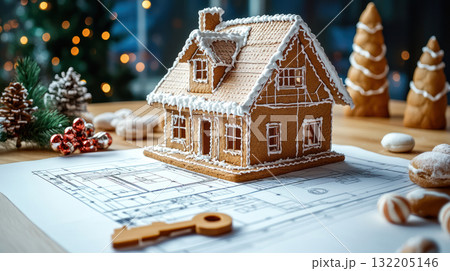 Gingerbread house on architectural plan with festive decorations creating warm day scene full of holiday joy and cozy charm Gingerbread house on architectural plan with festive decorations creating warm day scene full of holiday joy and cozy charm 132205146