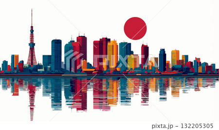 東京スカイラインと日の丸のシンボル：カラフルなベクターイラスト【透過PNG & JPGセット 132205305