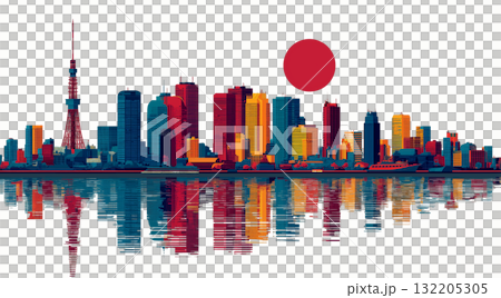 Tokyo Skyline and Hinomaru Symbol: Colorful Vector Illustration [Transparent PNG & JPG Set] 132205305
