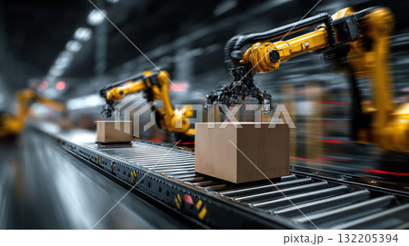 Automated robotic arms handle packages on conveyor belt in warehouse showcasing advanced logistic automation and robotics technology 132205394