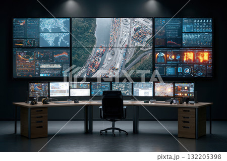 Supply chain management and inventory tracking are monitored this control room with multiple screens showing data and maps for efficient logistics 132205398