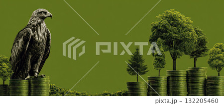Business environment with eagle perched on coin stacks and minimal green trees symbolizing growth and financial stability Business environment with eagle perched on coin stacks and minimal green trees symbolizing growth and financial stability 132205460
