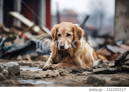 alone wet dirty Golden Retriever after disaster on the background of house rubble, neural network generated image 132205517