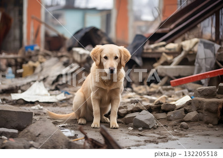 alone wet dirty Golden Retriever after disaster on the background of house rubble, neural network generated image 132205518