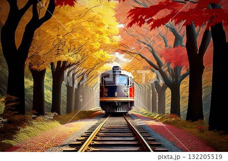 紅葉の中を行く普通列車のイラスト 132205519