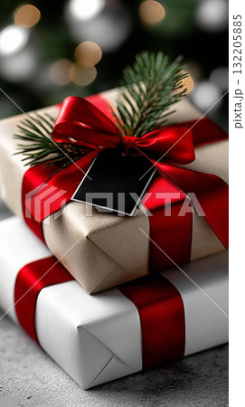 Stack of Christmas presents with red ribbons, green pine sprig, and blank black tag, celebrating holiday giving and festive surprise against bokeh background Stack of Christmas presents with red ribbons, green pine sprig, and blank black tag, celebrating holiday giving and festive surprise against bokeh background 132205885
