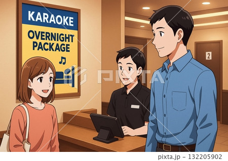 宿泊パックを案内するカラオケ店の受付　落ち着いた雰囲気のカウンター風景 132205902