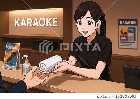 おしぼりを手渡す笑顔の女性スタッフ　カラオケ店の丁寧な接客シーン 132205903