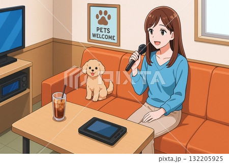 ペット同伴OKのカラオケルームで歌う女性 132205925