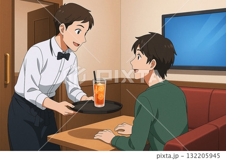 ドリンクを運ぶ店員と客のやり取り 132205945
