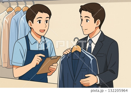スーツを預ける男性客と店員の会話 132205964