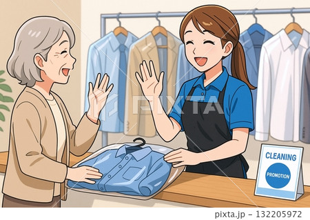 シャツを渡し笑顔で挨拶する店員と高齢女性 132205972