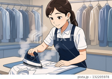 アイロンで丁寧に仕上げるクリーニング店員 アイロンで丁寧に仕上げるクリーニング店員 132205978