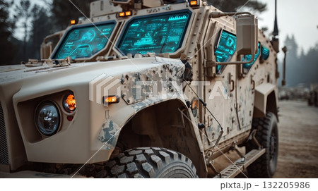 Armored military truck featuring a heads up display and advanced digital interface on its windows, demonstrating futuristic war technology and defense systems Armored military truck featuring a heads up display and advanced digital interface on its windows, demonstrating futuristic war technology and defense systems 132205986