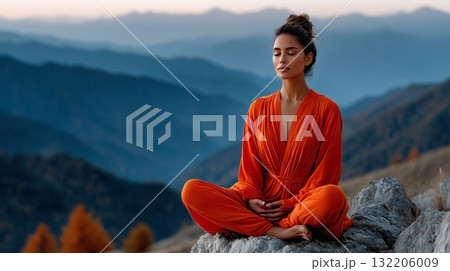 Woman meditating in a calm nature environment, finding inner peace and spiritual balance, practicing yoga and mindfulness on a mountain peak during sunset, connecting with spirituality Woman meditating in a calm nature environment, finding inner peace and spiritual balance, practicing yoga and mindfulness on a mountain peak during sunset, connecting with spirituality 132206009
