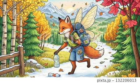 森を守る冒険家、ゴミ拾いをする翼の狐 132206013