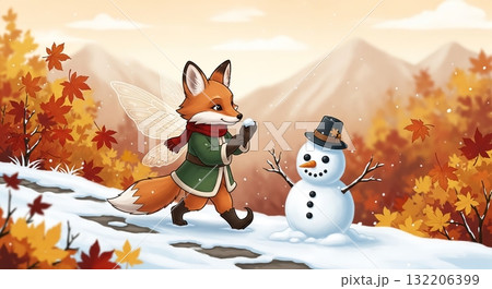 雪玉遊びにはしゃぐきつねの妖精と雪だるま 雪玉遊びにはしゃぐきつねの妖精と雪だるま 132206399