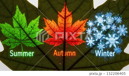 一枚の葉に描かれる季節の巡り：夏、秋、冬 132206405