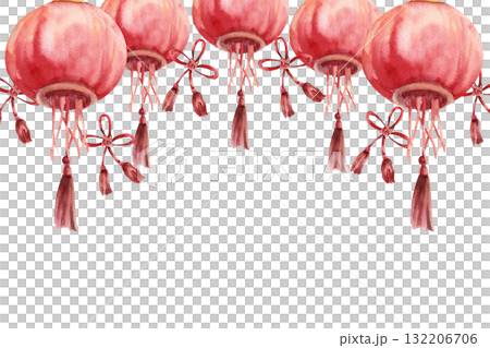 Red paper lanterns with Chinese traditional lucky knots watercolor banner template. Hand drawn Spring festival and lunar New Year clipart for poster, card, invitation design 132206706